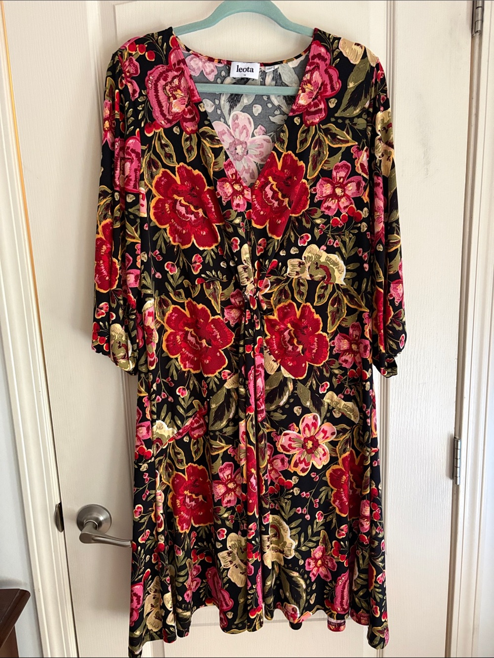 Leota Black Floral Midi Dress - Red & Pink Blooms